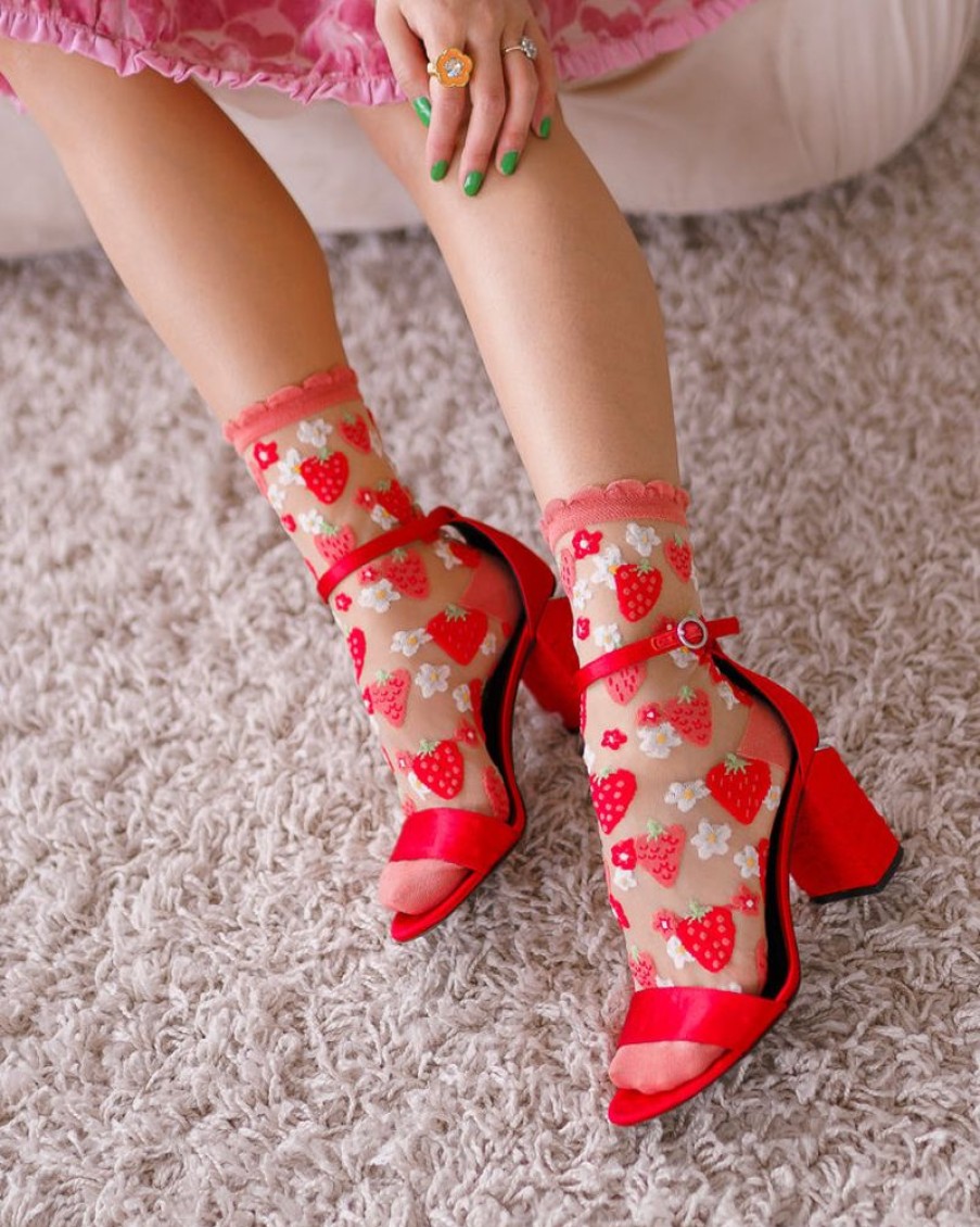 Accessories Sock Candy | Sock Candy Strawberry Daisy Ruffle Sheer Crew Sock