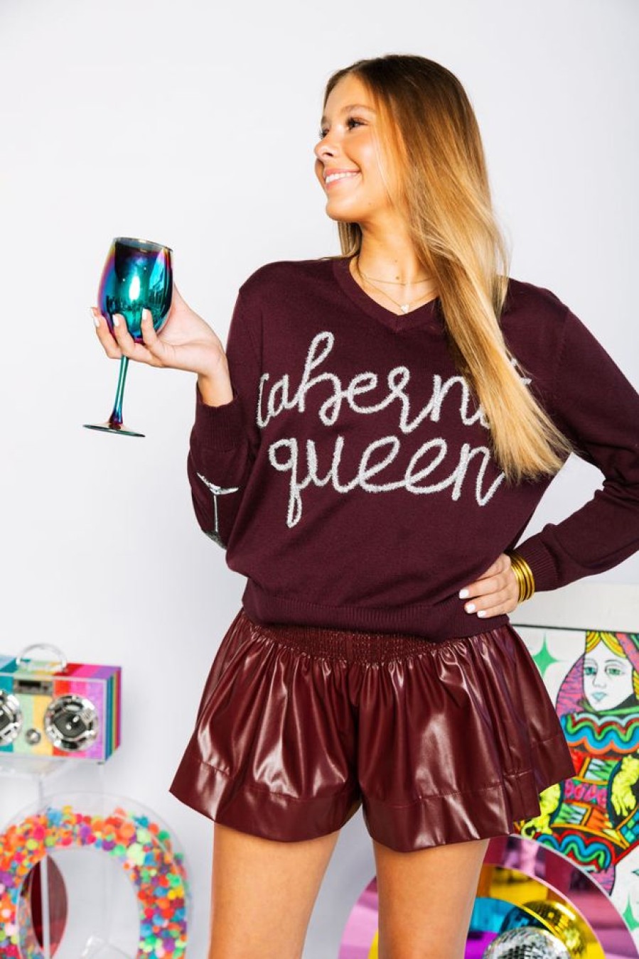 Clothes Queen of Sparkles Bottoms | Queen Of Sparkles Maroon Leather Swing Shorts