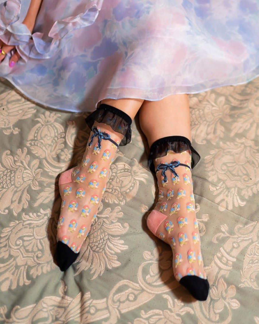 Accessories Sock Candy | Sock Candy Repeat Floral Ruffle Sheer Crew Sock