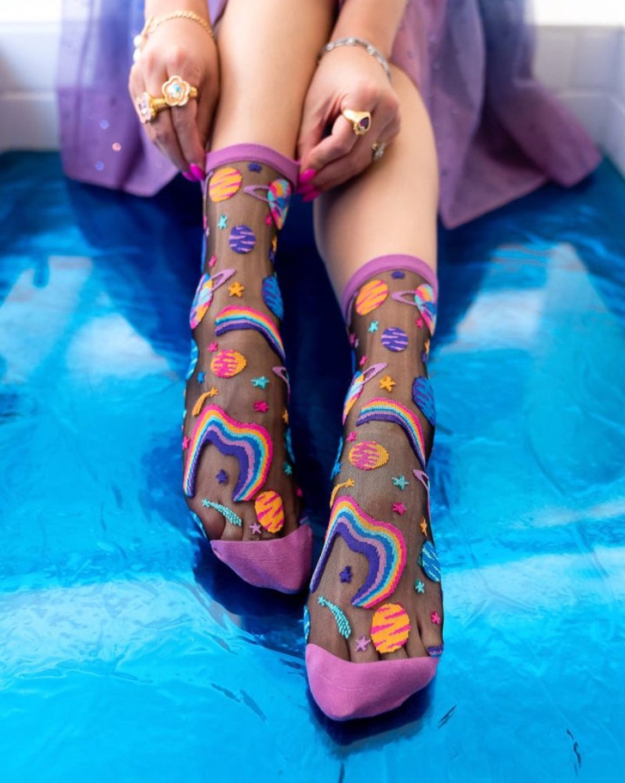 Accessories Sock Candy | Sock Candy Pop Art Planets Black Sheer Crew Sock