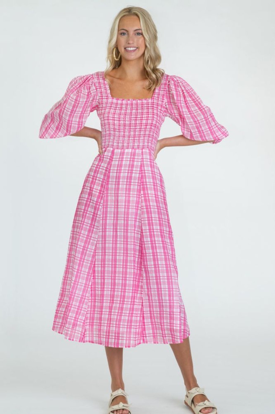 Clothes Olivia James the Label Midi | Olivia James The Label Bridget Dress Country Plaid Pink