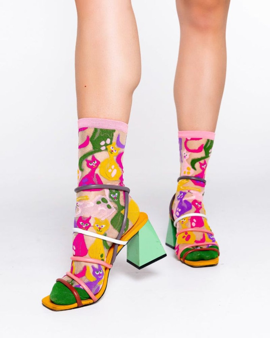 Accessories Sock Candy | Sock Candy Dopamine Cats Sheer Crew Sock