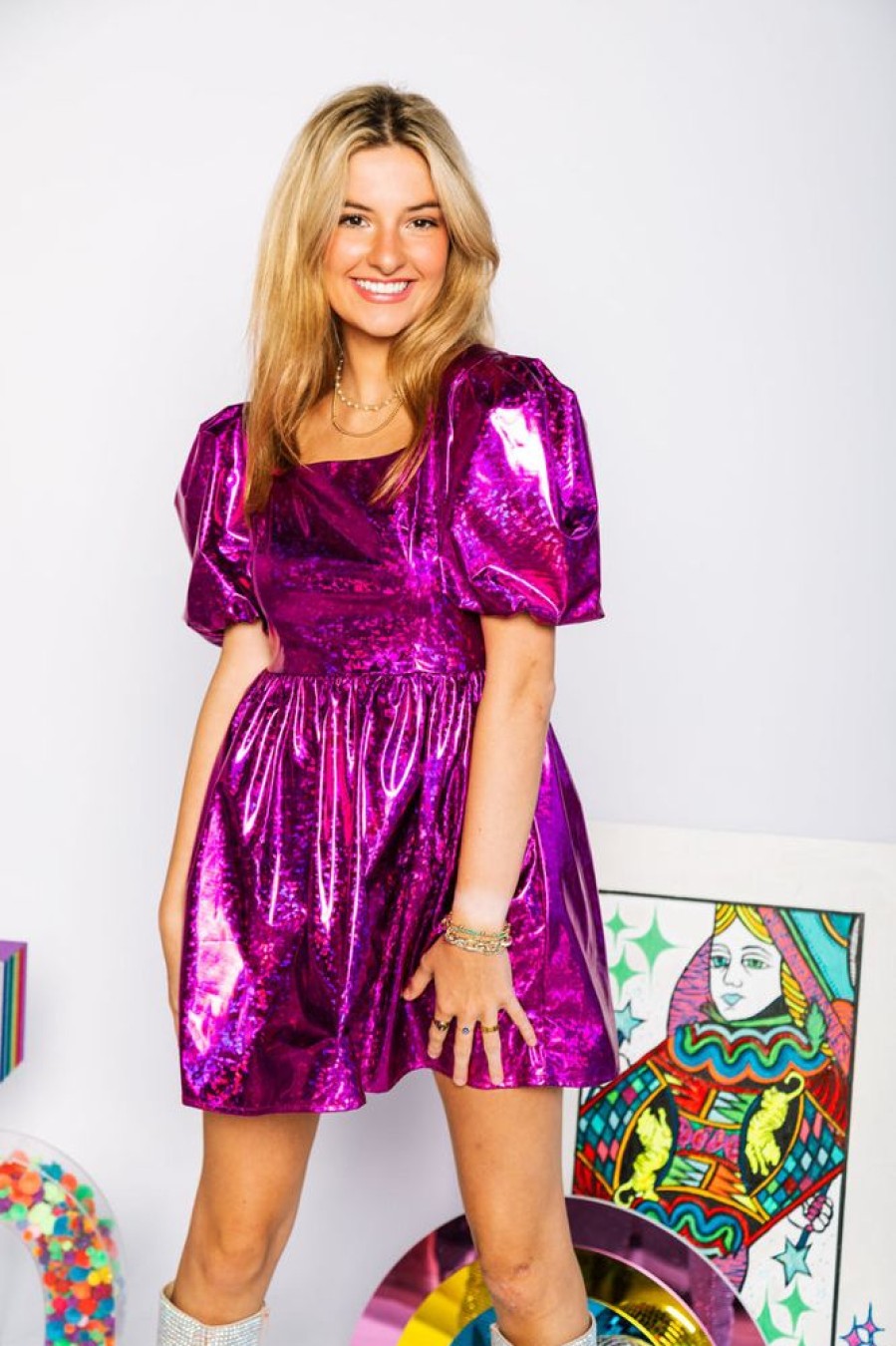 Clothes Queen of Sparkles Mini | Queen Of Sparkles Purple Holographicpoof Sleeve Dress