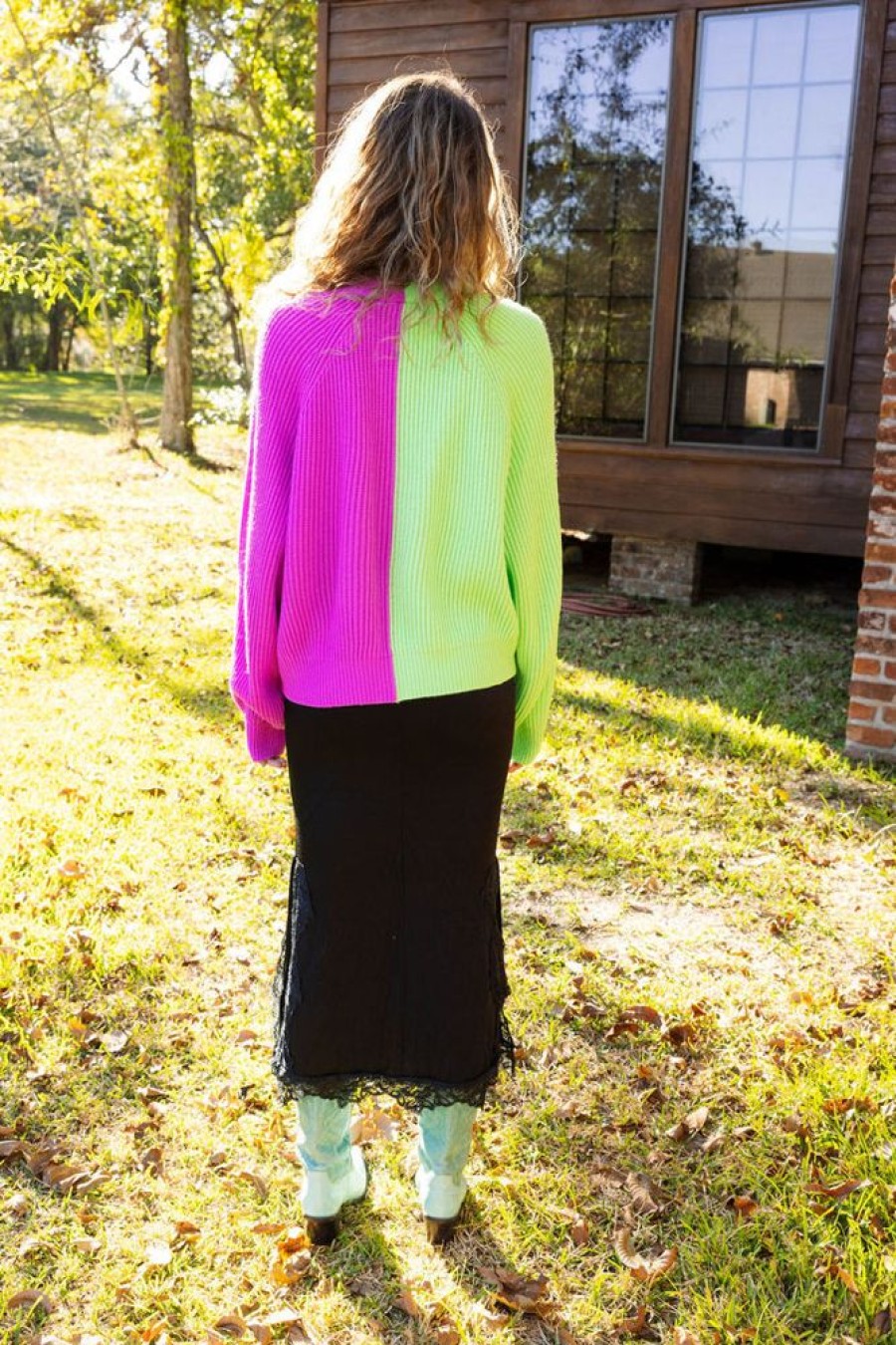 Clothes Queen of Sparkles Sweaters | Queen Of Sparkles Green And Purple Colorblock Boot Cardigan