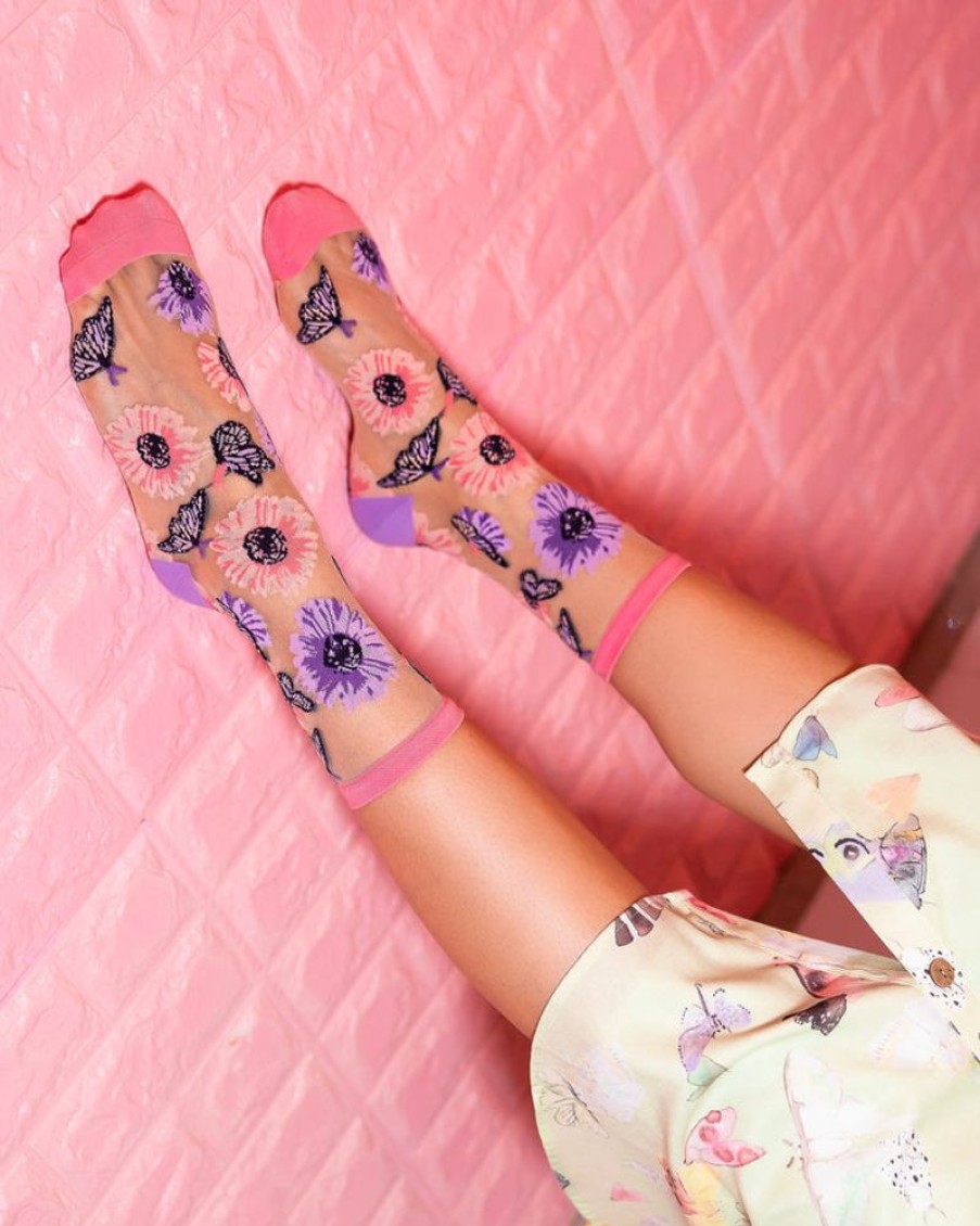 Accessories Sock Candy | Sock Candy Sunflower Butterfly Sheer Crew Sock