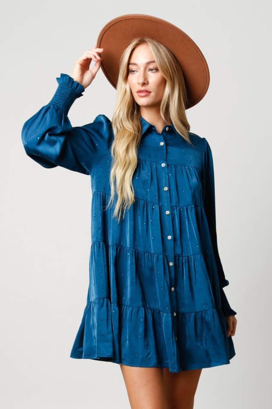 Clothes Peach Love California Mini | Peach Love California Teal Rhinestone Button Down Shirt Dress