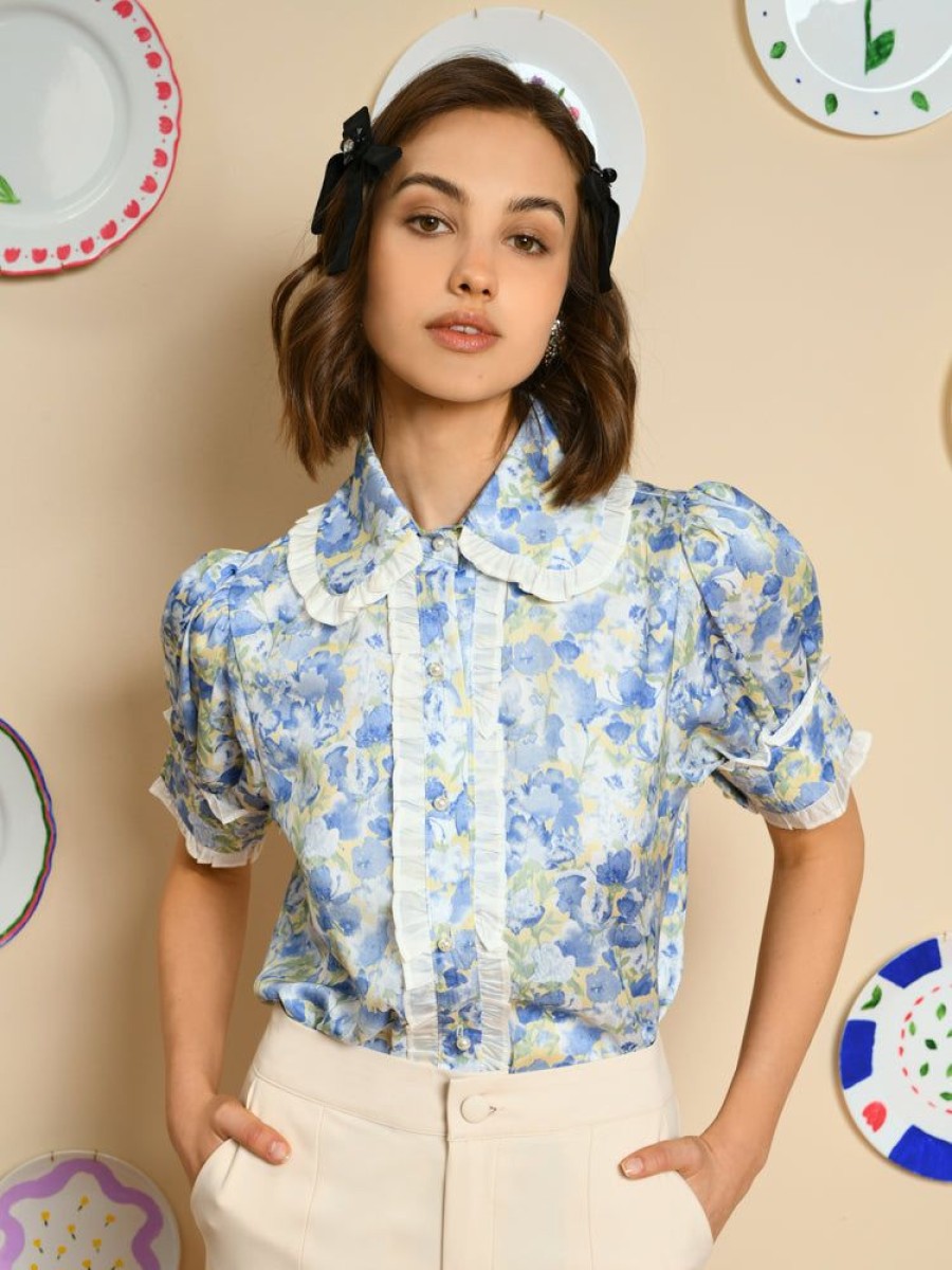 Clothes Sister Jane Blouses | Sister Jane Sky Floral Ruffle Blouse - Cornflower Blue