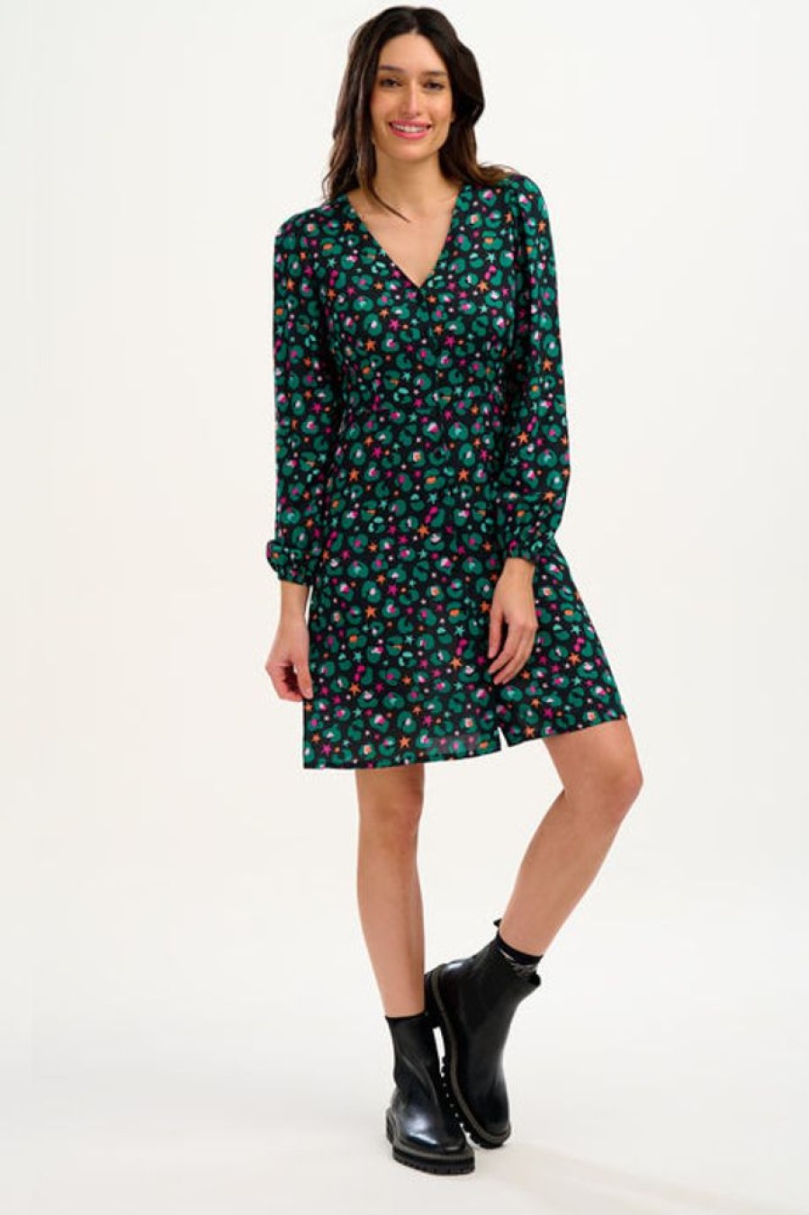 Clothes Sugarhill Brighton Mini | Sugarhill Brighton Natalia Tea Dress - Black/Multi, Star Leopard