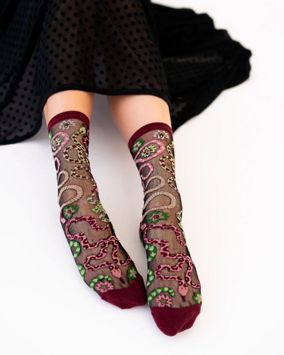 Accessories Sock Candy | Sock Candy Serpentine Floral Black Sheer Crew Sock