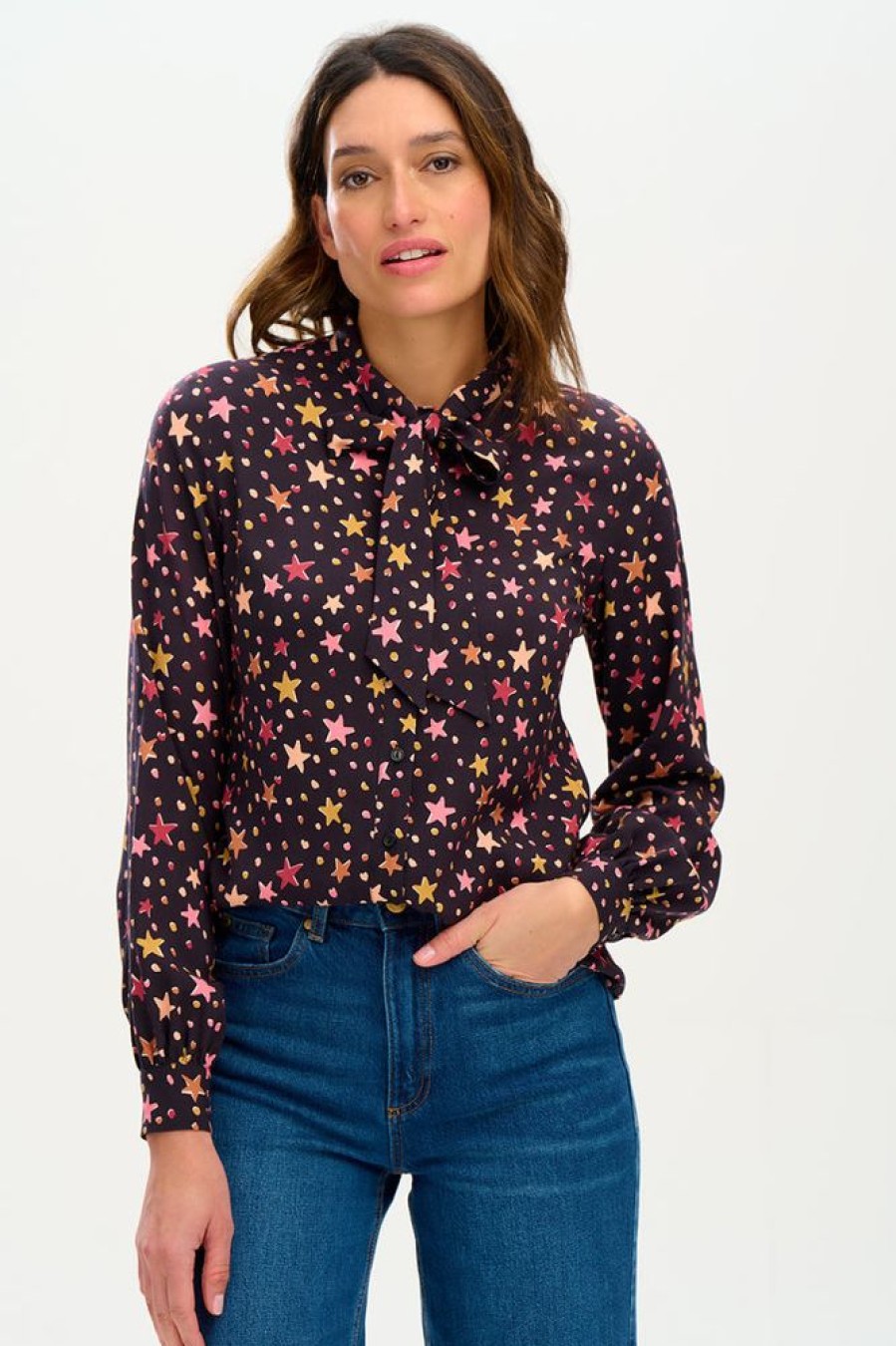 Clothes Sugarhill Brighton Blouses | Sugarhill Brighton Camilla Pussybow Blouse Black Stars