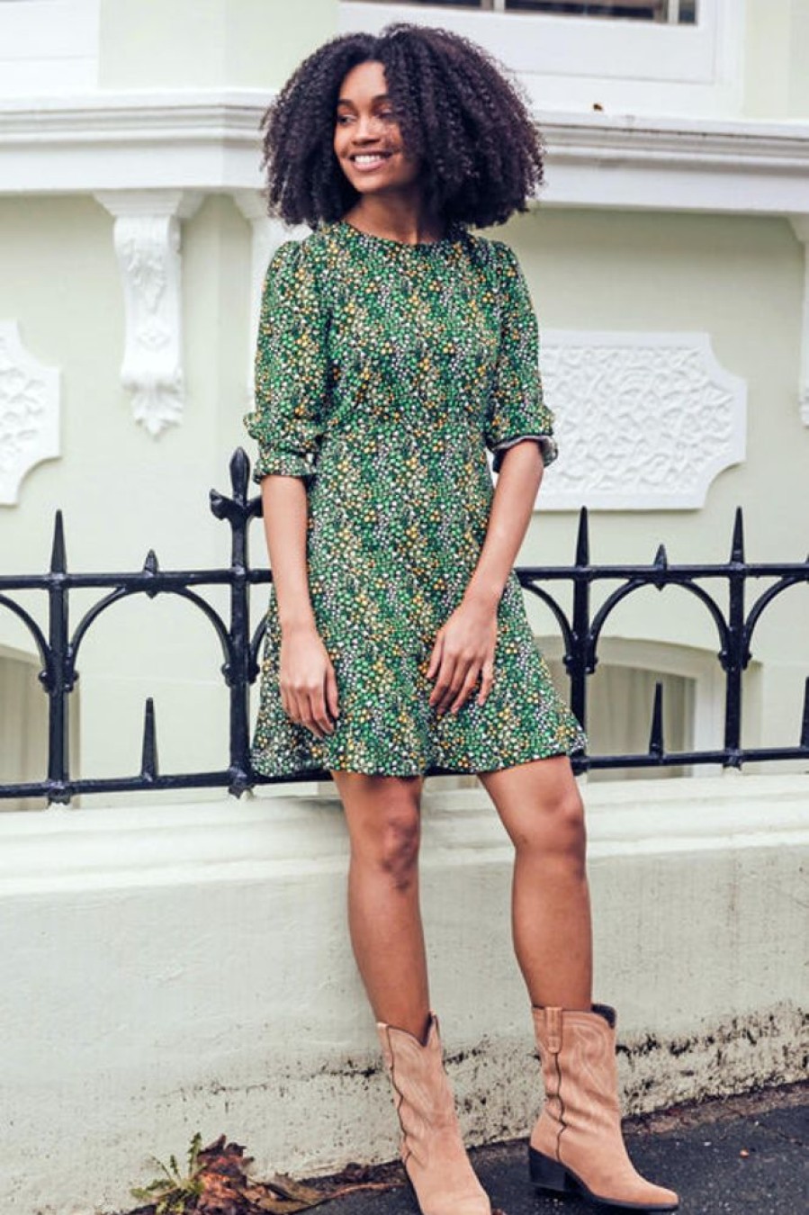 Clothes Sugarhill Brighton Mini | Sugarhill Brighton Lorelei Dress - Black/Green, Ditsy Floral